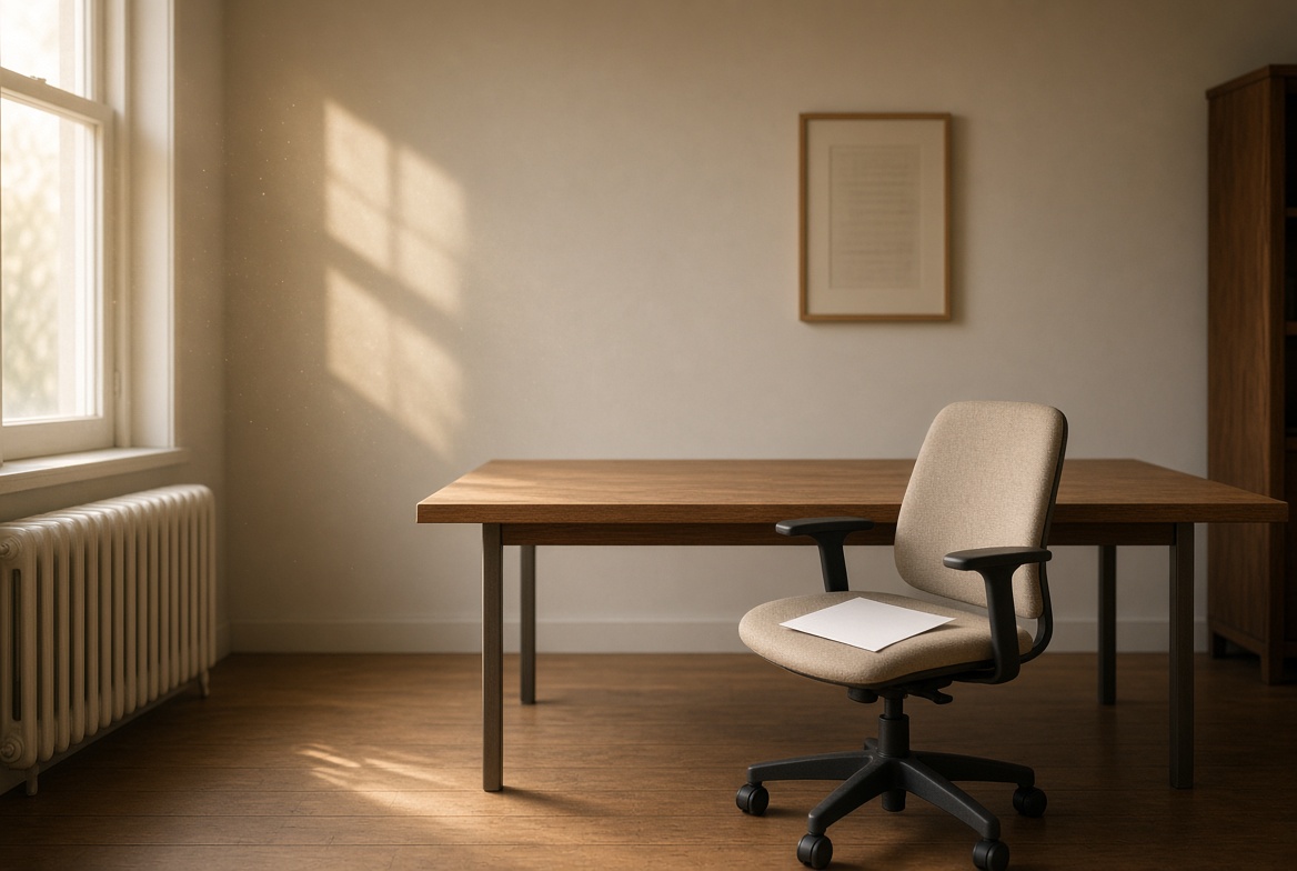 ورقة باقية على كرسي في غرفة اجتماع مضاءة بضوء النهار